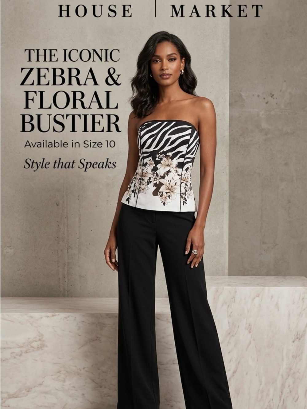 White House Black Market Zebra & Floral Strapless Bustier in Black and Cream
